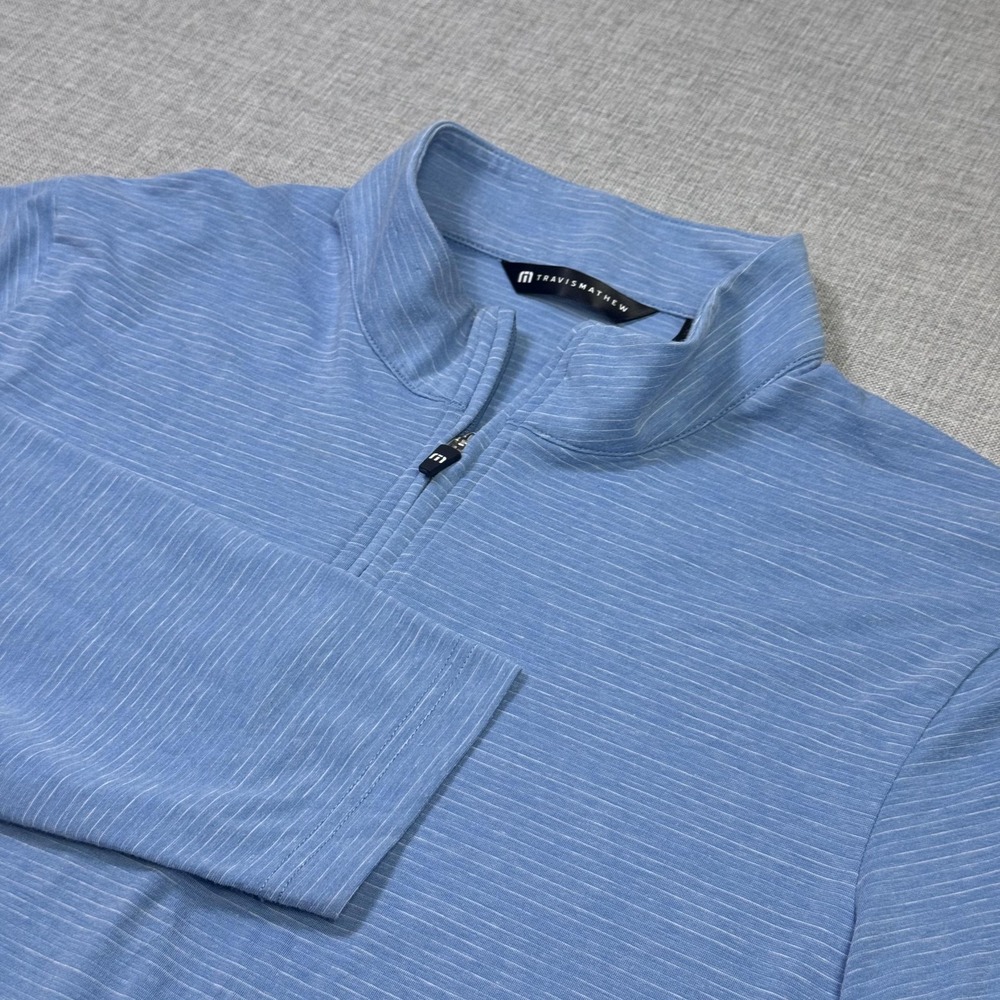 Travis Mathew 1/4 Zip Golf Pullover Mens L Blue Mock Neck Striped Performance